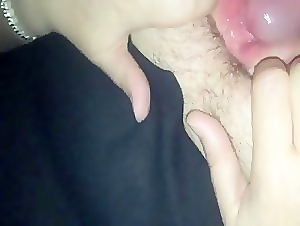 Husband cums on wife's hairy pussy