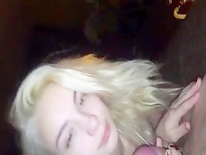 Pretty blonde teasing blowjob before cumshot